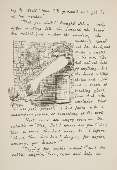 Alice cerca di afferrare il Coniglio Bianco, illustrazione da Le avventure di Alice sottoterra, pub. 1886 (facsimile) da Charles Lutwidge Dodgson